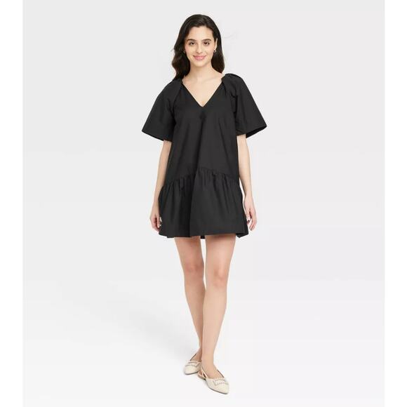 A New Day Women's XL Black Flutter Short Sleeve Mini Poplin Dress Flowy - Picture 1 of 7